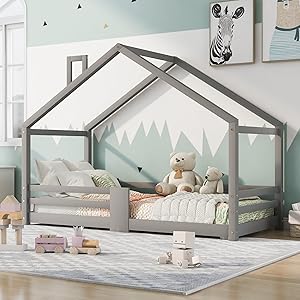 Lit Cabane Enfant Superposé Gris avec Cheminée