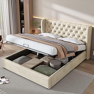 Cama doble remodelada KOMHTOM con almacenamiento bajo la cama beige.