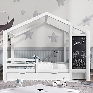 Sweiko Lit Enfant Blanc 90x200cm avec Tableau & Tiroirs