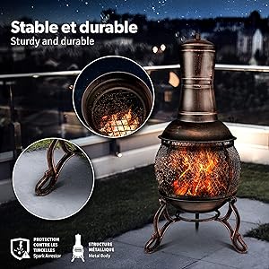 Tillvex Cheminée de Terrasse Bronze 90 avec Grill et Pare-étincelles